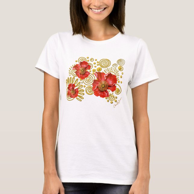 Red Poppies on Gold Spirals T-Shirt (Vorderseite)