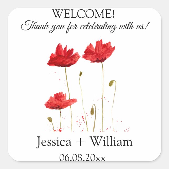 Red Poppies Poppy Blume Rustikale Moderne Hochzeit Quadratischer Aufkleber (Vorderseite)