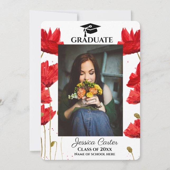 Red Poppies Rustic Floral Abschluss Ankündigung (Vorderseite)