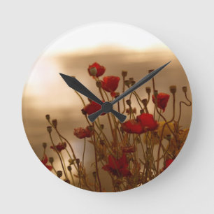 Red Poppies & Sunlight Flowers Flora Photo Clock Runde Wanduhr