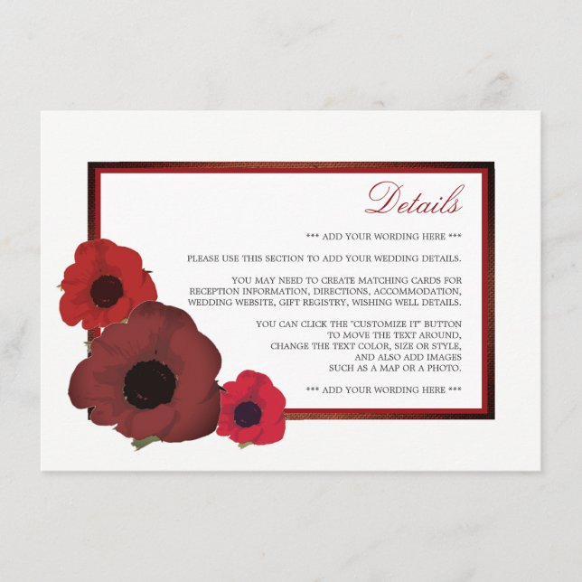 Red Poppies und Burlap Wedding Detail Begleitkarte (Vorderseite)