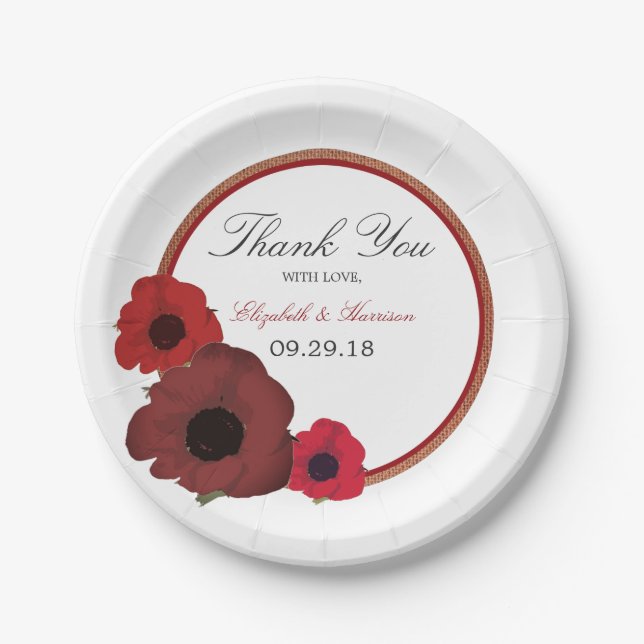 Red Poppies und Burlap Wedding Pappteller (Vorderseite)