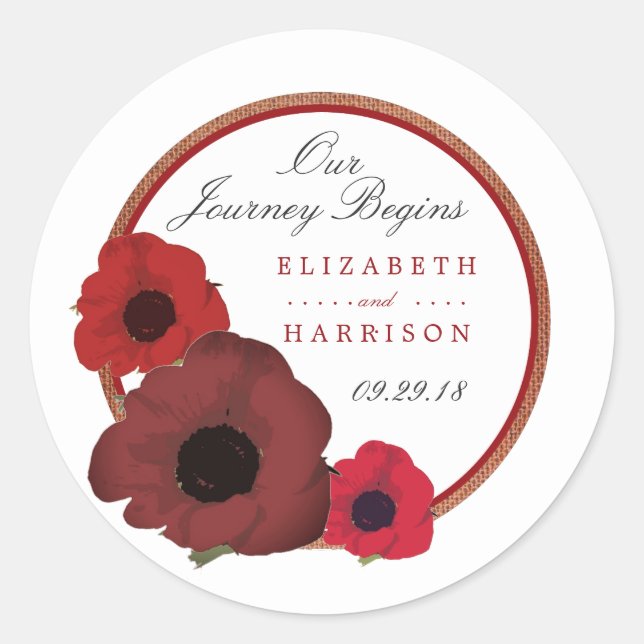 Red Poppies und Burlap Wedding Runder Aufkleber (Vorderseite)
