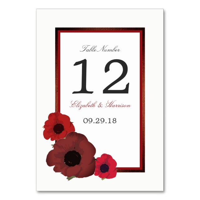 Red Poppies und Burlap Wedding Table No. Tischnummer (Vorderseite)