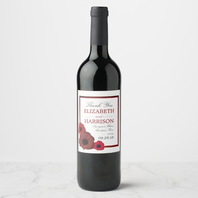 Red Poppies und Burlap Wedding Weinetikett (Vorderseite)