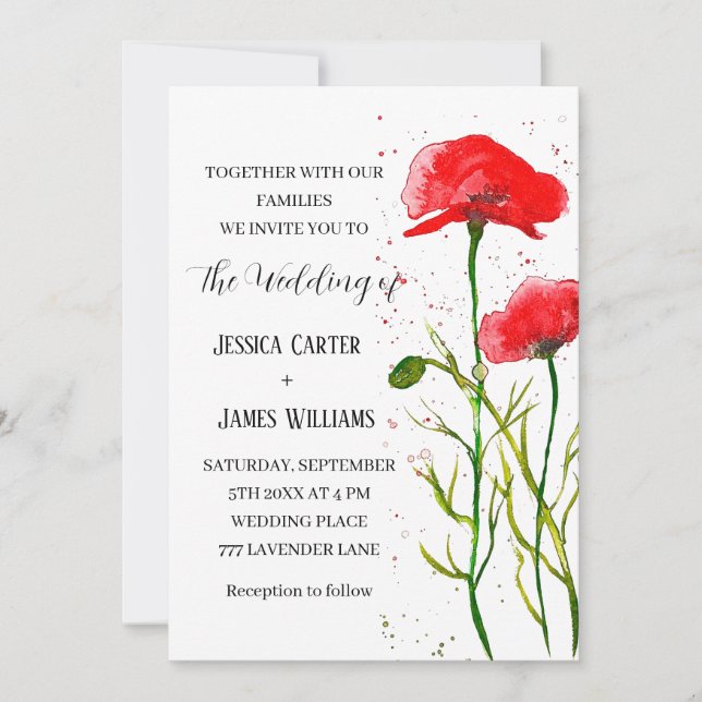 Red Poppies Watercolor Rustikale Hochzeit Einladung (Vorderseite)