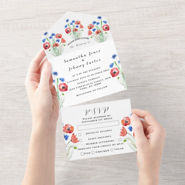 Red Poppies Watercolor Script BlumenWedding All In One Einladung (Abreißen)
