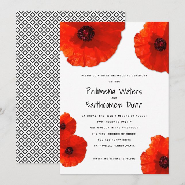 Red Poppies White in Black Wedding Einladungen (Vorne/Hinten)