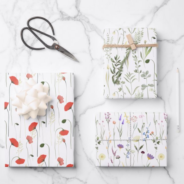 Red Poppy And Green Leaves Purple Flowers Patterns Geschenkpapier Set (Vorderseite)