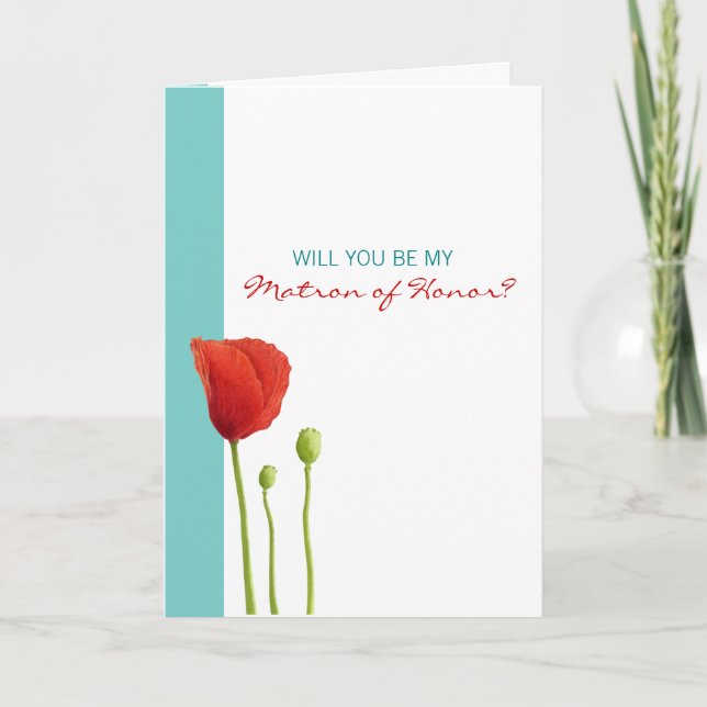 Red Poppy aquamarin sein, mein Matron der Ehrenkar Einladung (Vorderseite)