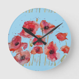 Red Poppy auf Blue Watercolor Poppies Runde Wanduhr