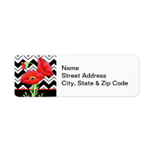 Red Poppy Black & White Zizzag Chevron Étiquette