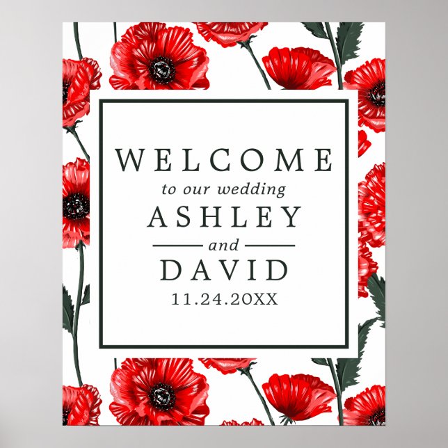 Red Poppy Blume Blumenhochzeit Begrüßungszeichen Poster (Vorne)