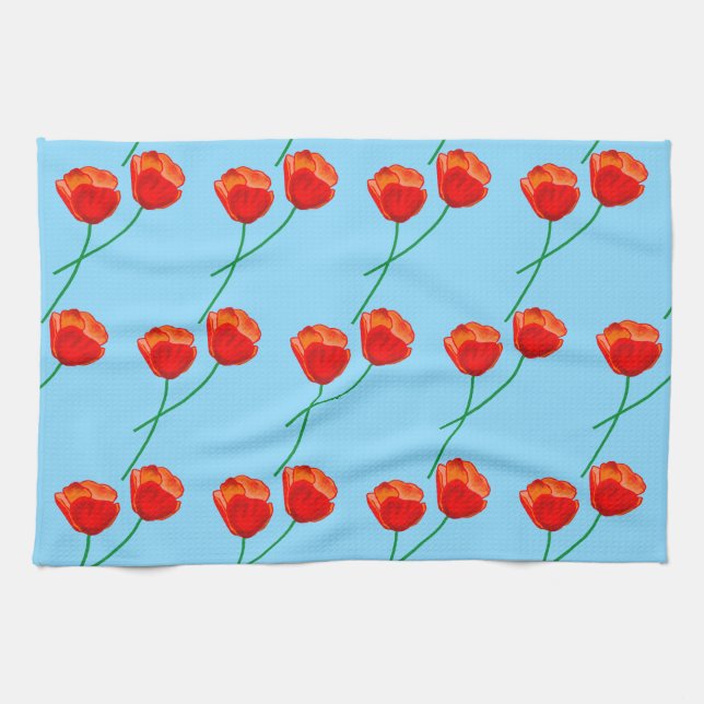 Red Poppy Blume Heart Sky Blue Geschirrtuch (Horizontal)