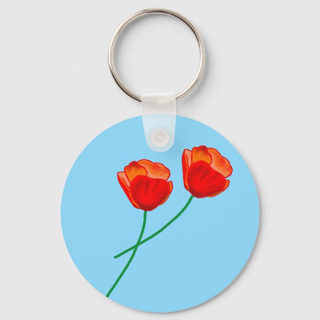 Red Poppy Blume Heart Sky Blue Schlüsselanhänger (Vorderseite)