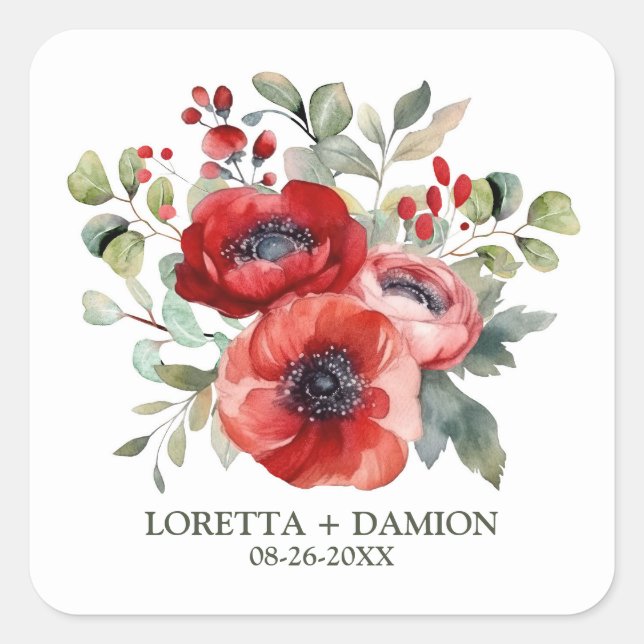 Red Poppy Blume Hochzeit Quadratischer Aufkleber (Vorderseite)