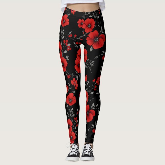 Red Poppy Blume Pattern Leggings (Vorderseite)