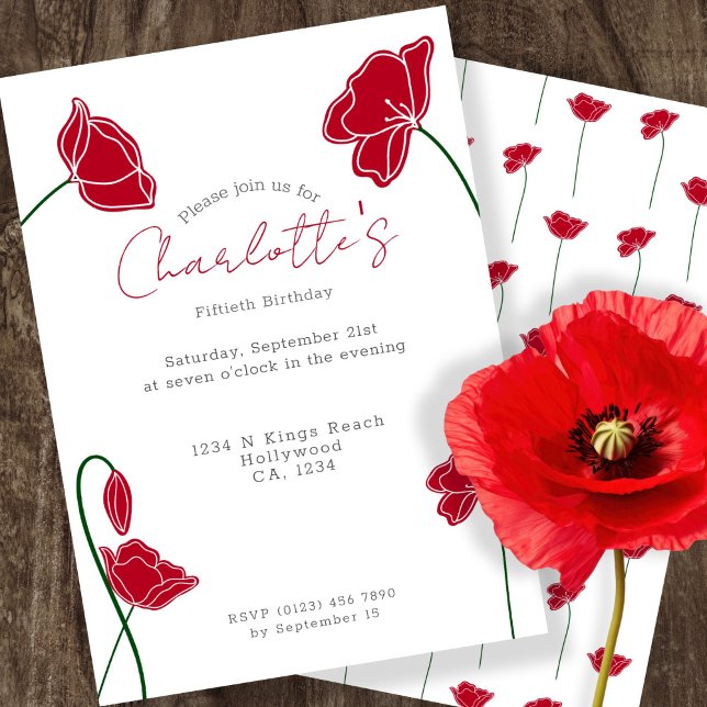 Red Poppy Blume Personalisiertes Party Einladung (Red Poppy Flower Personalized Party Invitation by Ricaso. Ideal for occasions including birthdays)