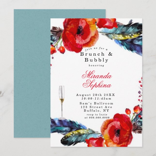 Red Poppy Boho Feathers Brunch & Bubbly Einladung (Vorne/Hinten)