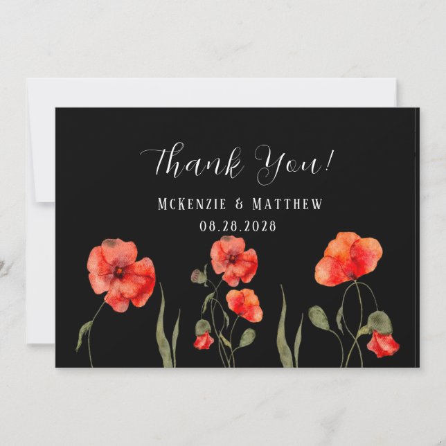 Red Poppy & Butterfly Hochzeit Dankeschön Karte (Vorderseite)
