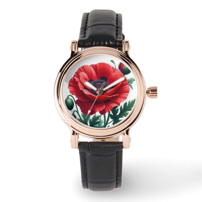 Red Poppy Floral Armbanduhr (Vorderseite)