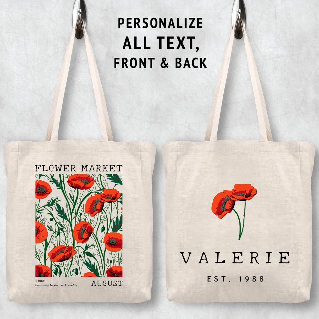 Red Poppy Floral August Birth Blume Marktname Tragetasche (Personalized August Birth Flower Market Tote Bag, Custom Name Bag, Bachelorette Bridesmaid Gifts )