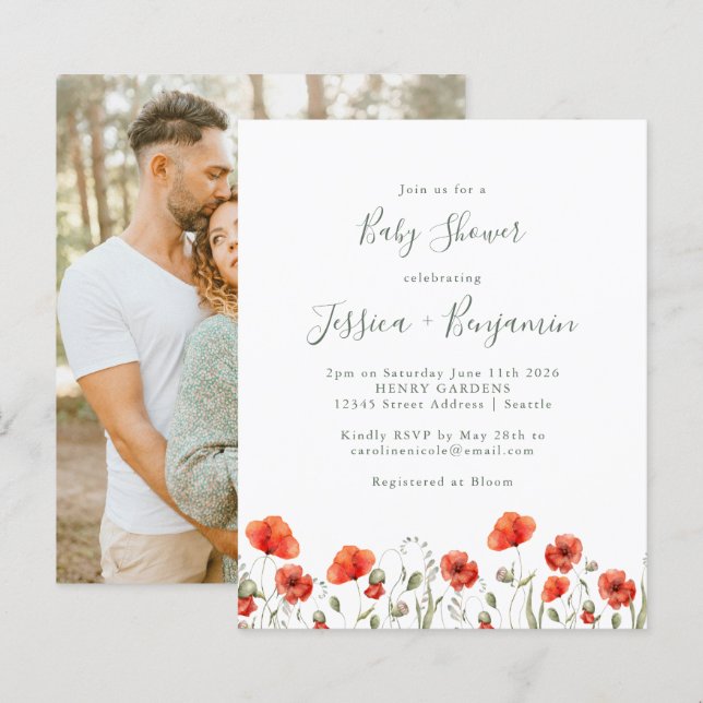 Red Poppy Floral Baby Shower Foto Einladung (Vorne/Hinten)