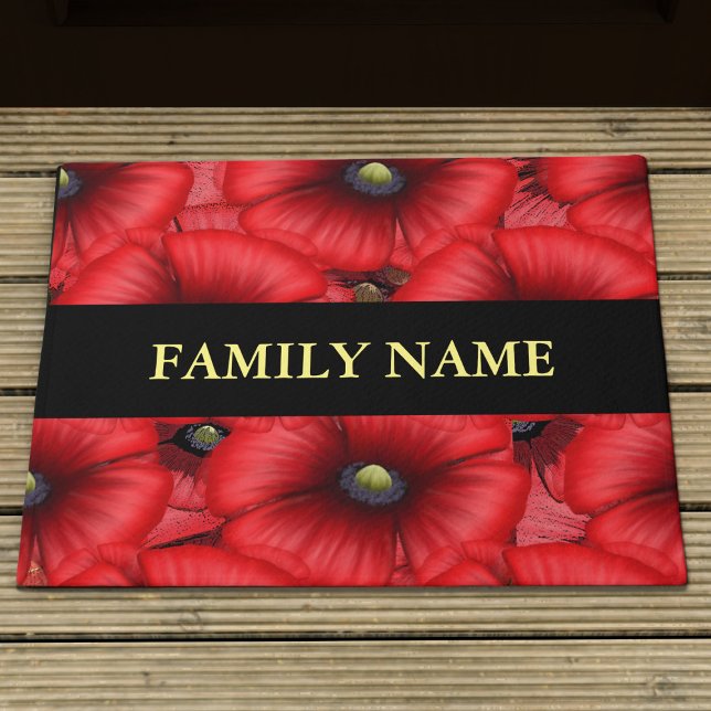 Red Poppy Floral Familienname Doormat Fußmatte (Add your family name and pop this pretty poppy doormat at your front door)