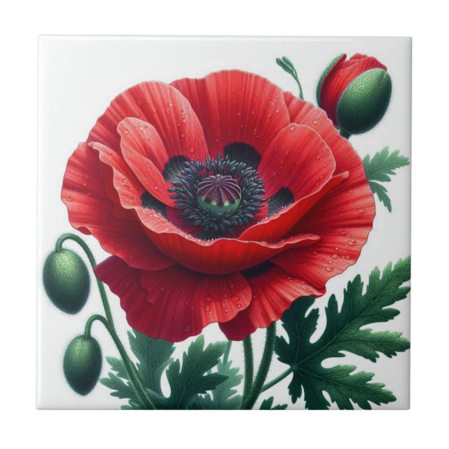 Red Poppy Floral Fliese (Vorderseite)