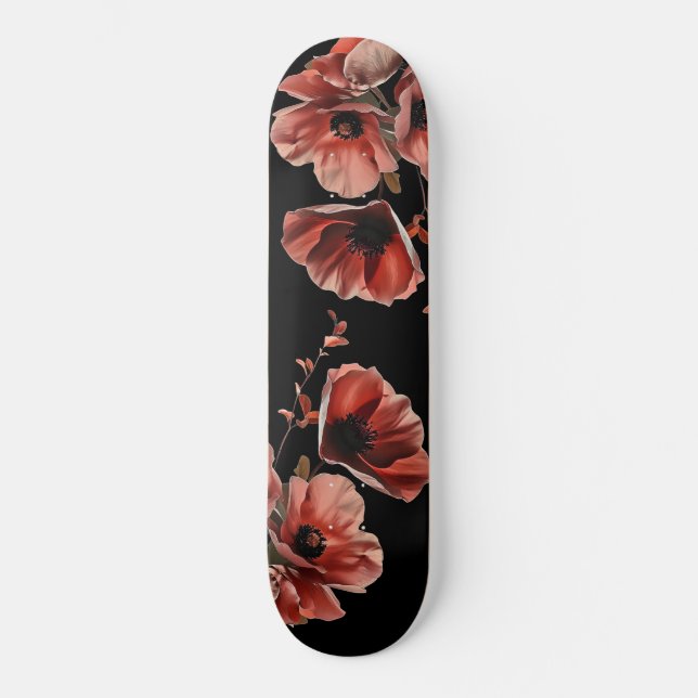 Red Poppy Flowers Black Skateboard (Vorderseite)