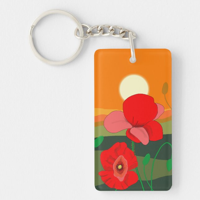Red Poppy Meadow bei Sunset Illustration Schlüsselanhänger (Vorderseite)