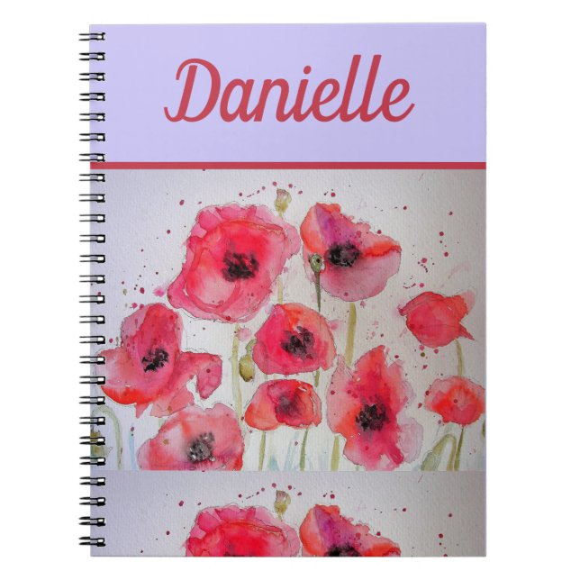 Red Poppy Rote Blume Wasserfarbe Kunst Frauen Name Notizblock (Vorderseite)