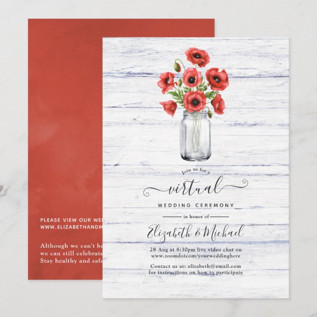 Red Poppy Rustic Country Online Virtual Wedding Einladung (Vorne/Hinten)
