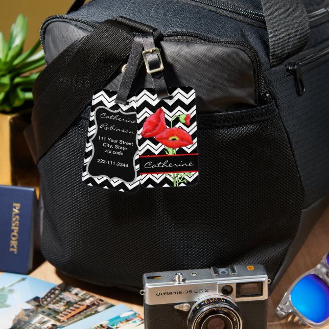 Red Poppy Schwarz-weiß Zizzag Zickzack Custom Gepäckanhänger (Vorderseite & Rückseite)