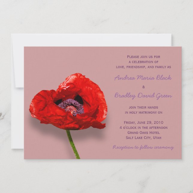 Red Poppy sur Mauve Faire-part de mariage (Devant)
