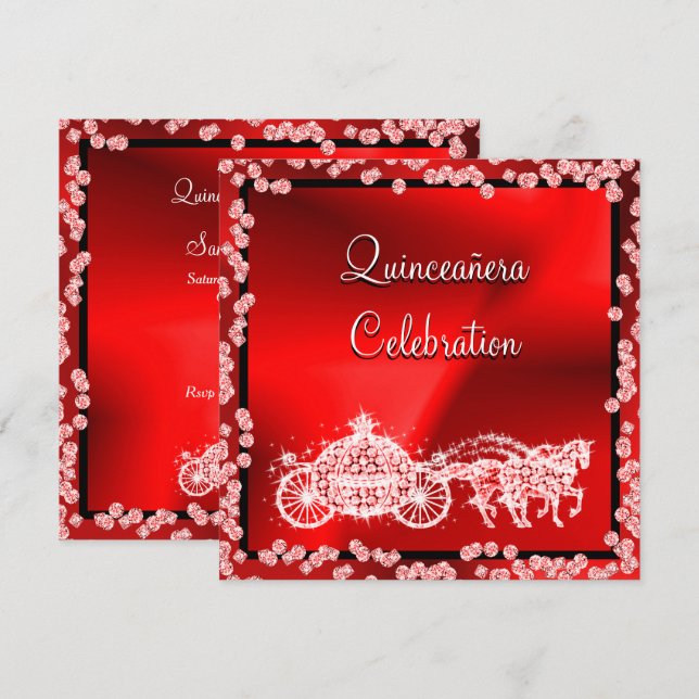 Red Princess Coach & Horses Quinceañera Einladung (Vorne/Hinten)