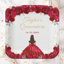 Red Princess Floral Quinceañera Pappteller