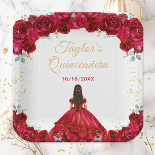 Red Princess Floral Quinceañera Pappteller