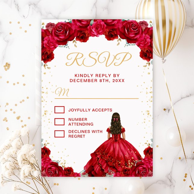 Red Princess Floral Quinceañera RSVP Karte (Von Creator hochgeladen)