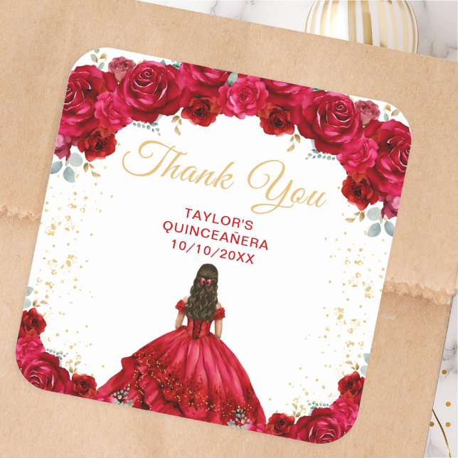 Red Princess Quinceañera Vielen Dank Quadratischer Aufkleber (Von Creator hochgeladen)