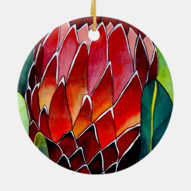 Red Protea Blume Original Aquarellkunst Keramikornament (Hinten)