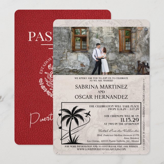 Red Puerta Vallarta Passport Wedding Einladung (Vorne/Hinten)