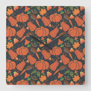 Red pumpkin seamless pattern and carrots quadratische wanduhr