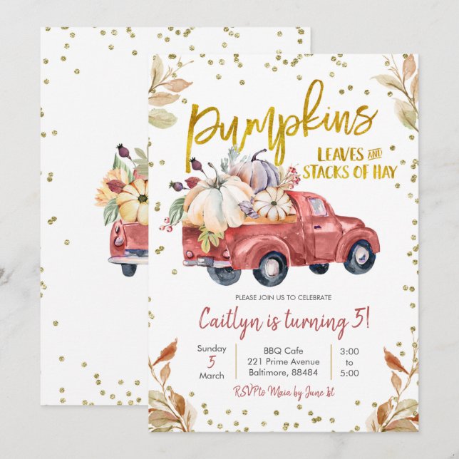 Red Pumpkin Truck Birthday Einladung (Vorne/Hinten)