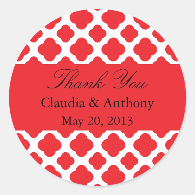 Red Quatrefoil Muster Hochzeit Danke Stickers (Vorderseite)