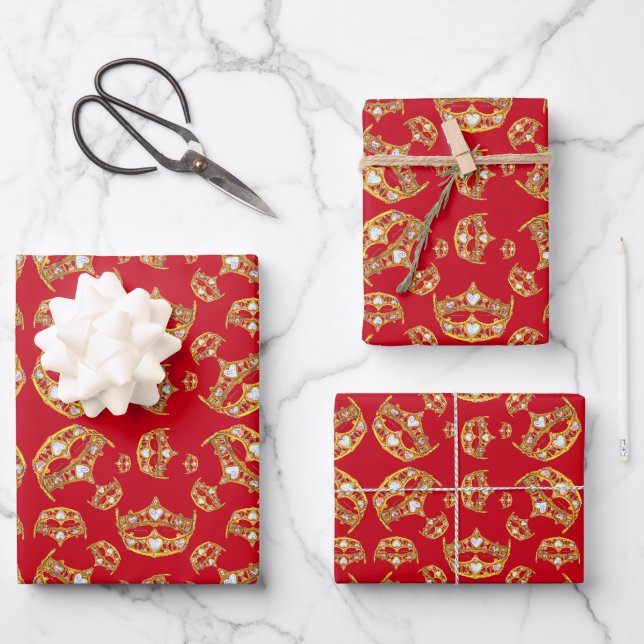 Red Queen of Hearts Gold Crown wiederholen Design Geschenkpapier Set (Vorderseite)