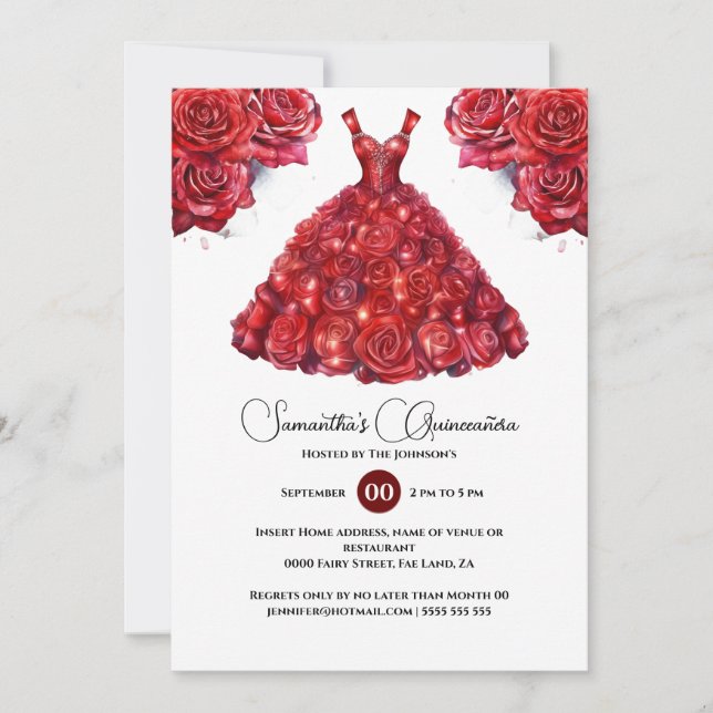 Red Quinceañera Ballgown elegante Rose Blume 15. Einladung (Vorderseite)