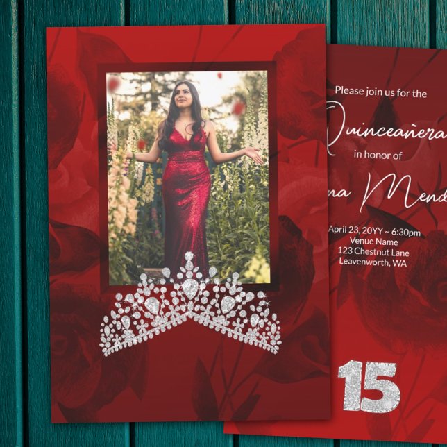 Red Quinceanera Diamond Gemstone Tiara Einladung (Red roses and silver tiara quinceanera invitations for elegant red quinceanera)