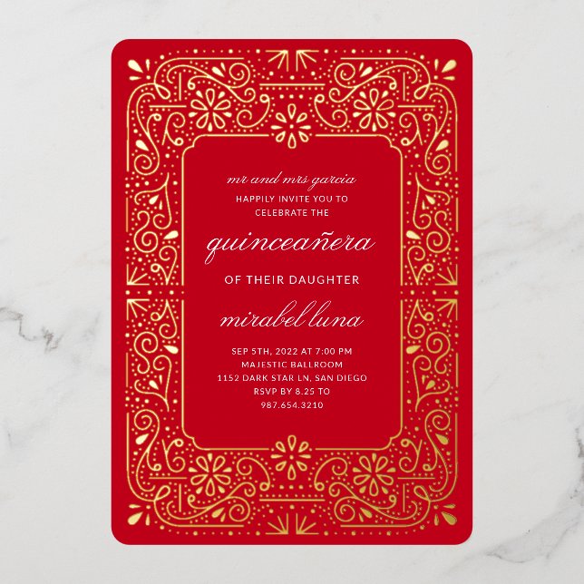 Red Quinceañera Einladungen Foil Einladung (Vorderseite)