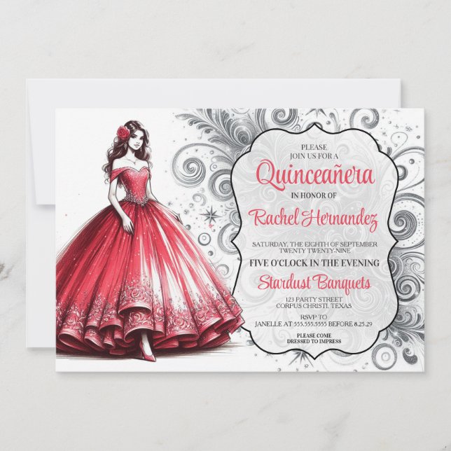 Red Quinceañera Girl Einladung (Vorderseite)